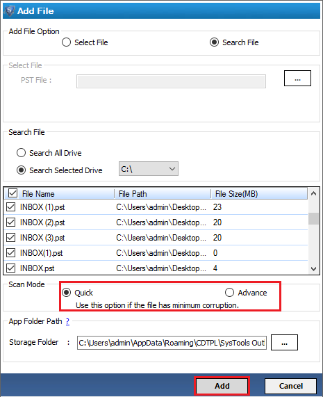 quick or advanced scanning of pst files