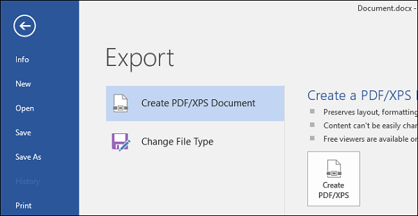 create PDF/XPS document in export option