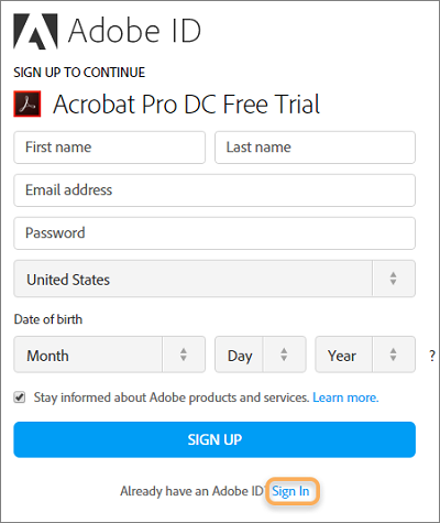 Sign up in Adobe