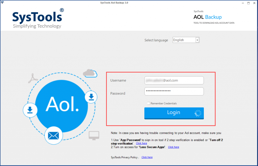 launch aol mail backup tool and login