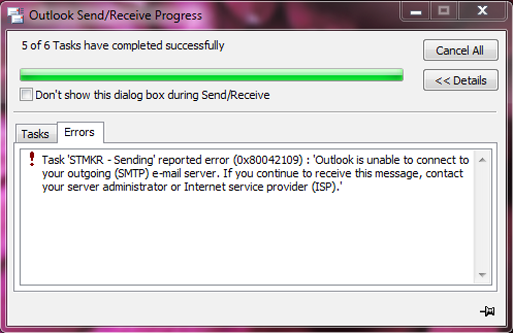 microsoft outlook error 0x80042109