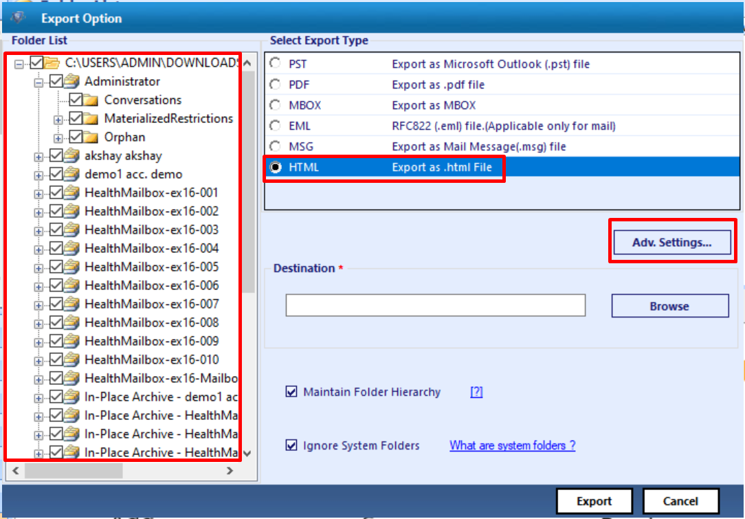 select exchange mailboxes or edb file