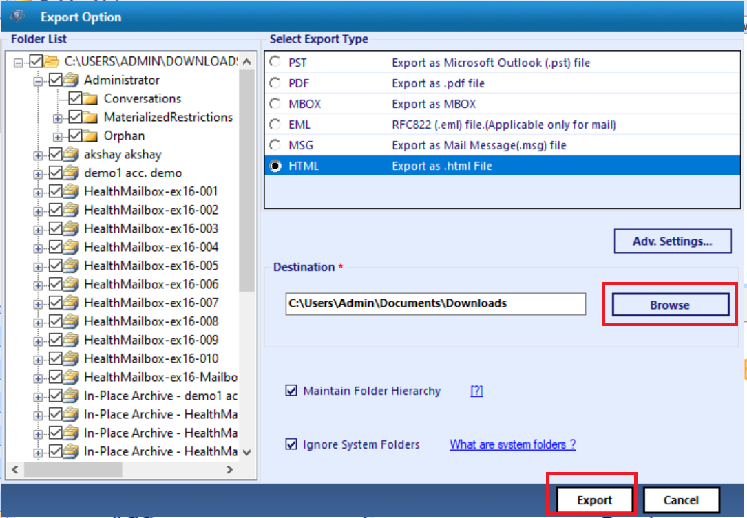 set target location and click export