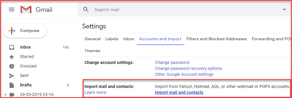 Import mail and contacts option