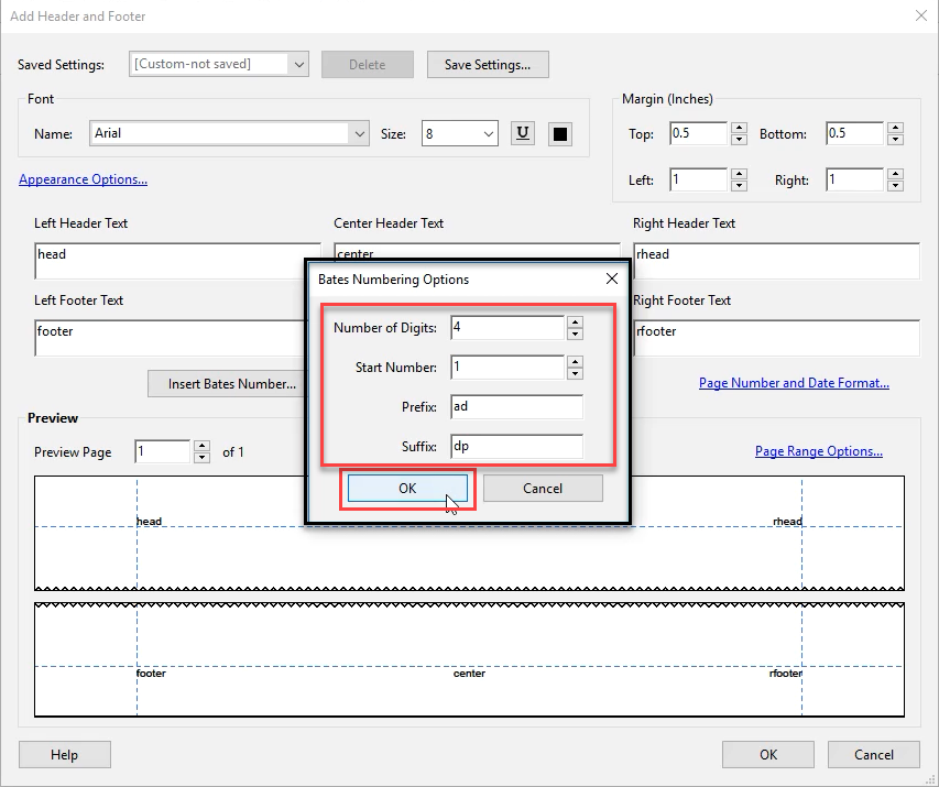 Add Bates Number details to insert in PDF