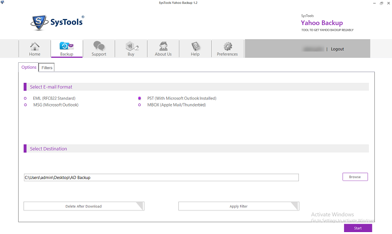 Start Yahoo mail to Office 365 file backup