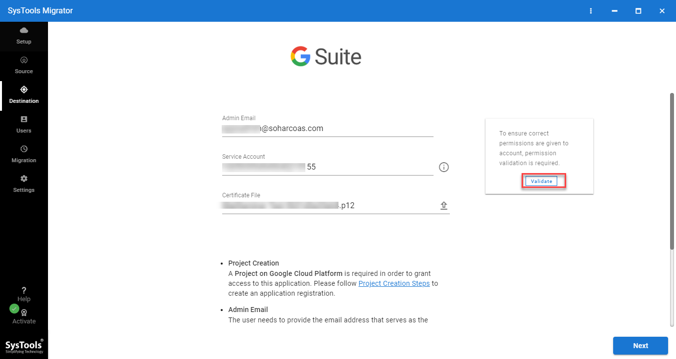 destination G Suite validation