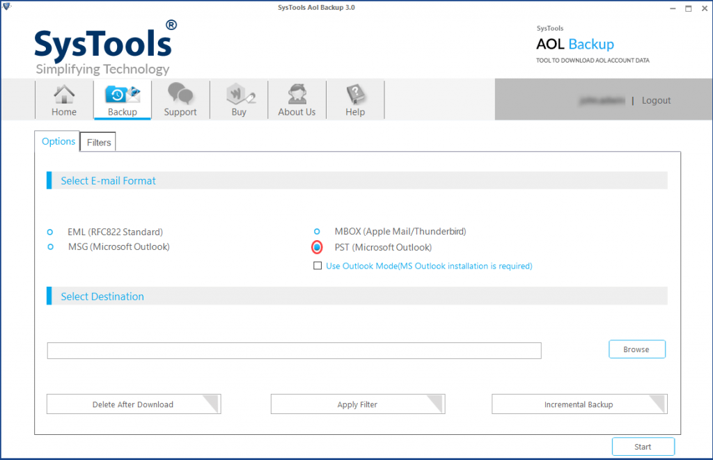 select Outlook file to export aol emails