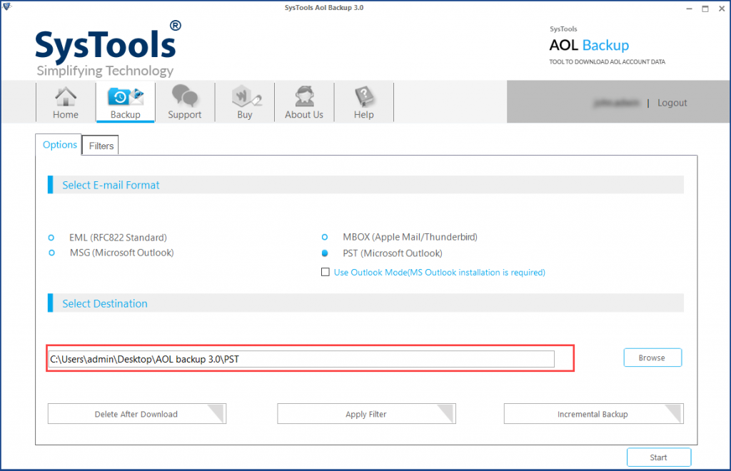 browse location to save outlook pst file