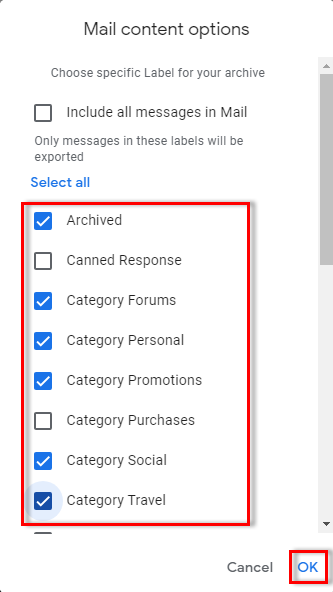 choose gmail content options