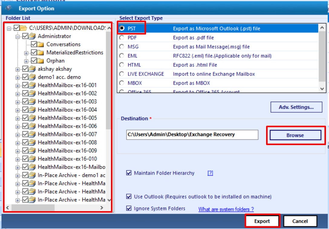 export the recovered exchange mailbox